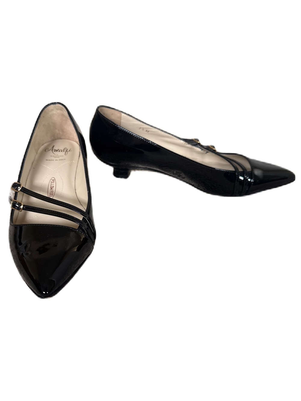 Amalfi by Rangoni Black Patent Pointed-Toe Double-Strap Kitten Heels 7.5
